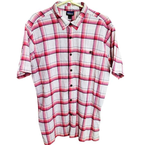 Pink Plaid Short Sleeve Women's Patagonia Shirt | Size L Summer Button Front Top - Picture 1 of 6
